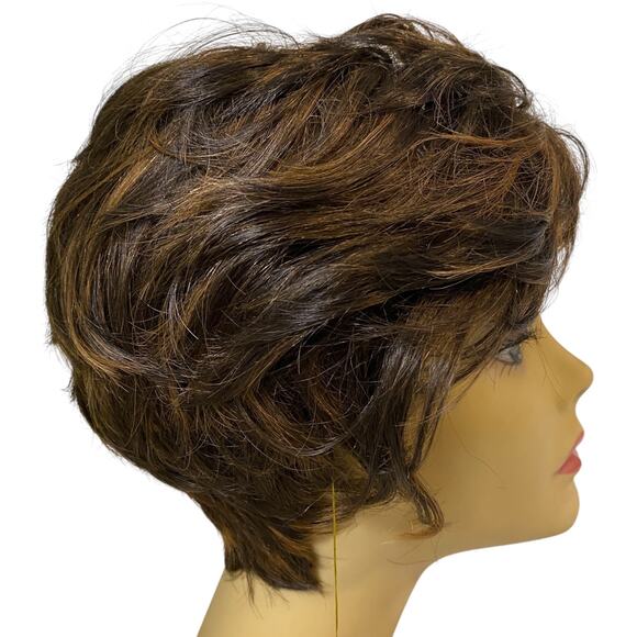 Human Hair Blend Wig Dk Brown Copper Frost Short Layered Pixie for Women - Picture 1 of 9